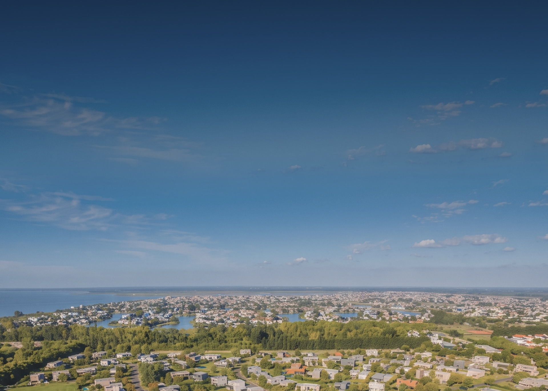 Panoramic view of an Eidico neighborhood with homes, trees and lakes