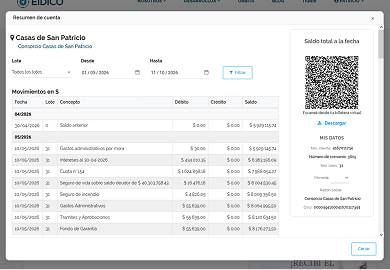Casas de San Patricio account statement with balances and transactions