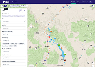 Mapa de Gilly con permisos, solicitudes y solicitudes conjuntas geolocalizados.